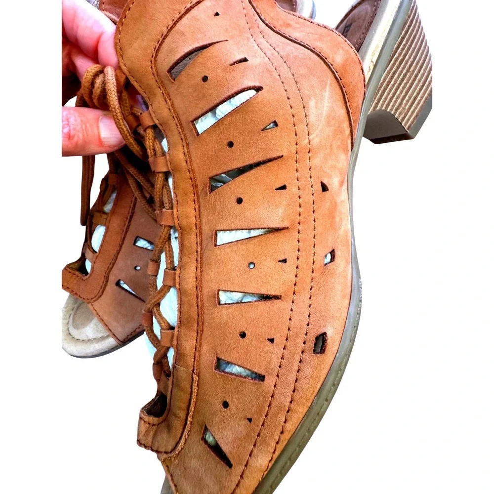 Earth Lace Up Nubuck Leather Boho Festival Cutout Peep Toe Brown Bootie Sandals